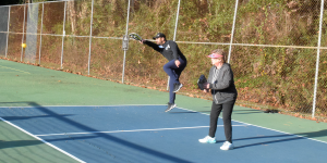 Carlos Rosado hits the ball pickleball match Montclair Park Lois Keasler